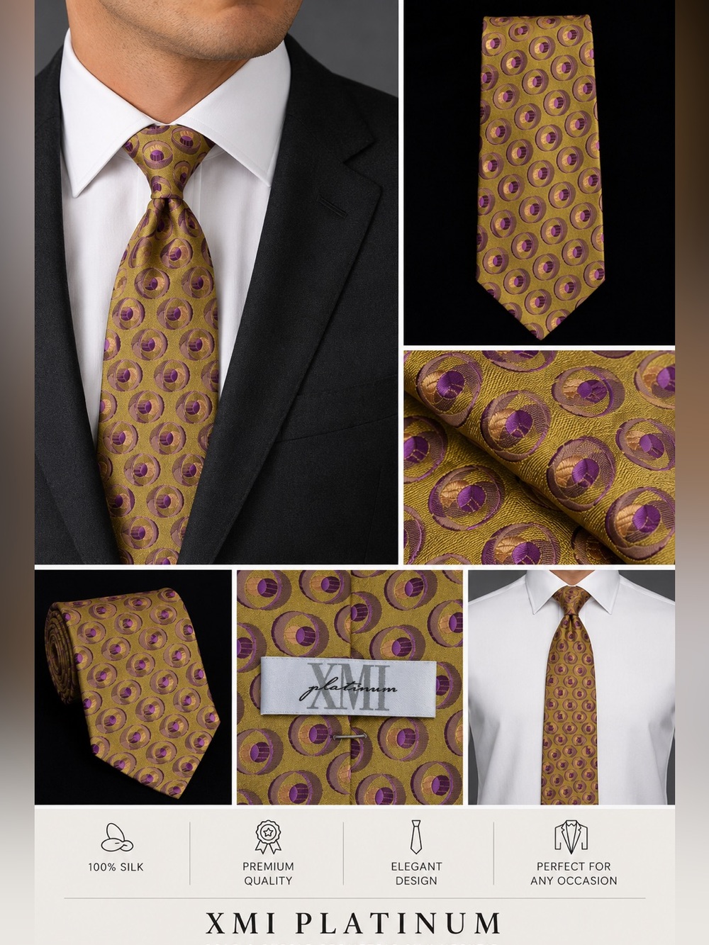Elegant Gold and Purple Silk Necktie